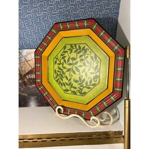 Octagonal Wooden Wall Plaque Hand Painted Green Leaf Vine Red Yellow 12 Inch